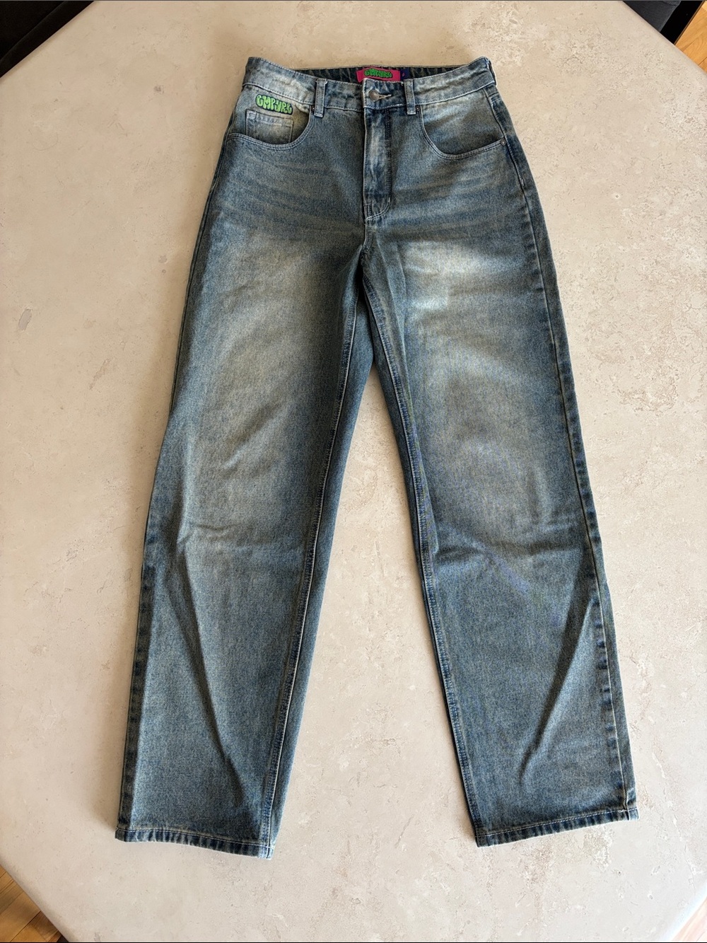 Empyre Women’s Baggy Denim Jeans in Faded Blue with Green Patch
